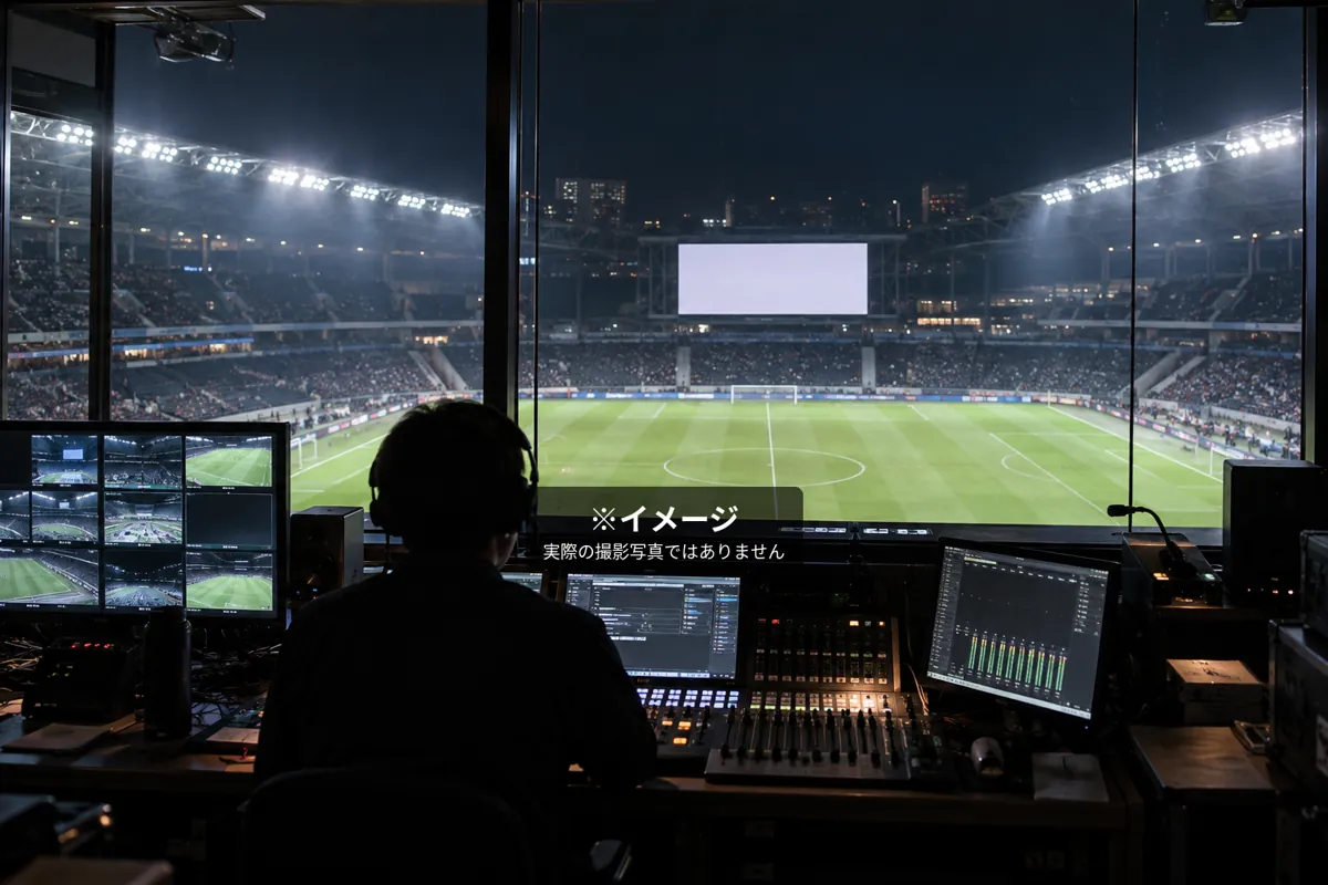 ※イメージ:スタジアムの中継ブースから試合を見ながら、映像・音響の卓を操作するスタッフの後ろ姿(生成画像。実際の撮影写真ではありません)
